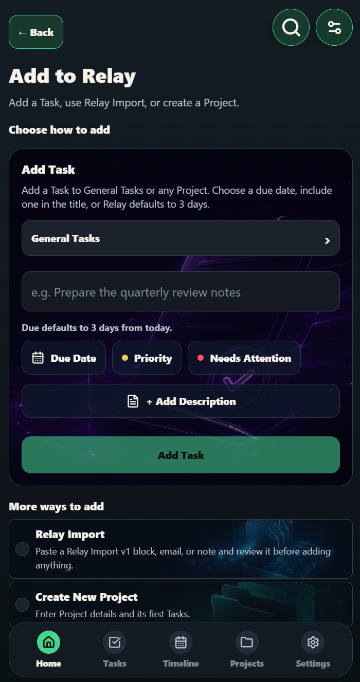Relay Add to Relay screen showing Add Task, General Tasks destination, due date, priority, needs attention, and description controls