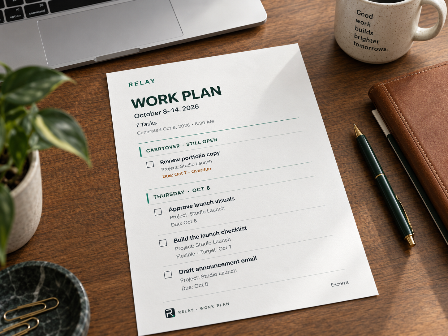 A printed Relay Work Plan resting on a wooden desk beside a laptop. October 8–14, 2026; 7 Tasks, with earlier-due work and day-grouped checkboxes.